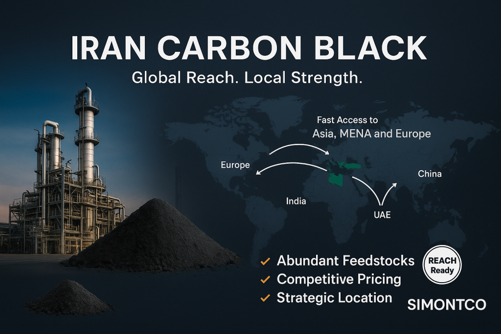 Iran carbon black export infographic by SIMONTCO featuring petrochemical plant, carbon black powder, world map, and REACH Ready badge.