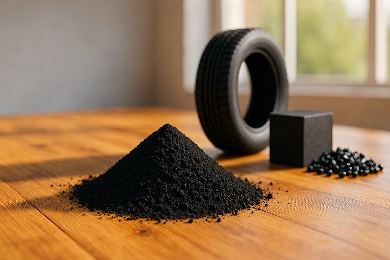 Carbon black powder on wooden table with rubber block, tire, and masterbatch pellets in background – industrial raw materials for rubber, tire, and masterbatch production